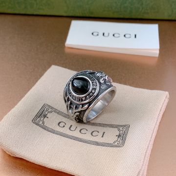  Gucci Garden Distressed Striped Engraved Deer Head Black Malachite Embellished Sterling Silver Men'S Ring