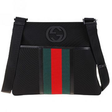 Gucci Black Metal Hardware Ladies Black Medium Canvas Web Messenger Bag With Back Zipper Pocket