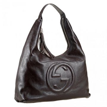 Gucci Soho GG Logo Pattern High End Dark Brown Leather Short Handle Hobo Bag For Ladies