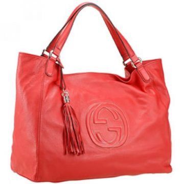 Women's Most Fashion Gucci Soho Light Gold Zipper Top GG Logo Printing Red Leather Tote Bag