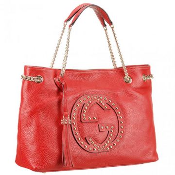 Gucci Soho Fashion Studs Design Tassel Trimming Large Light Red Leather Chain Shoulder Bag