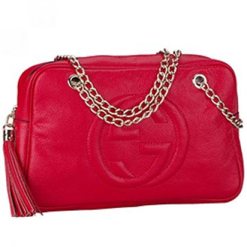 Medium Fashion Gucci Soho Double Thick Chain Straps Tassel Trimming Red Leather Zipper Crossbody Bag