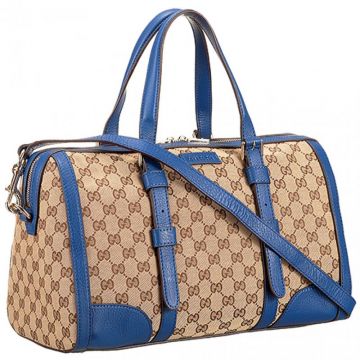 Gucci GG Classic Blue Top Handle Canvas Bag Double Zipper Closure Crossbody Leather Trim Sale