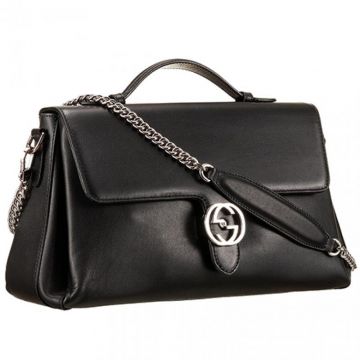Winter Large Gucci Interlocking Flat Handle Logo Buckle Black Leather Crossbody Bag With Three Compartments 