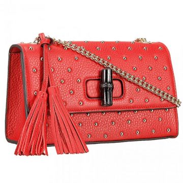 Most Fashion Gucci Miss Bamboo Silver Studs Trim Link Chain Shoulder Strap Female Red Leather Tassel Bag 
