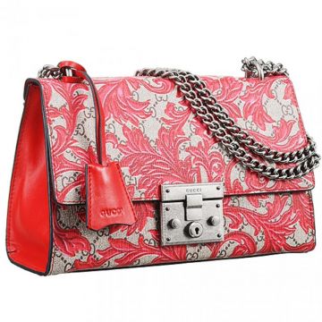 Gucci Padlock Double Chain Straps Arabesque Print Red Leather Sides Womens High End Canvas Shoulder Bag