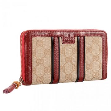 Vintage Gucci GG Supreme signature Brown- Red Zip-Around Wallet Fashion Show Style With Leather Trimmings