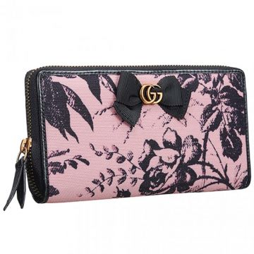Gucci  Print  Black Flower&Bow Card Holder Pink Canvas Zip Around Street Style Women