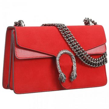 Gucci Dionysus GG Tiger Head Buckle Double Chain Straps Suede Leather & Smooth Leather Flap Handbag Red