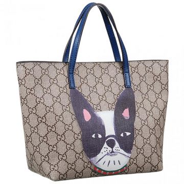Gucci GG Children's Supreme Blue Leather Handles Dog Pattern Small Canvas Tote Bag For Discount
