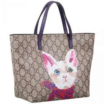 Cheapest Gucci Children's Supreme Cat Signature Flat Purple Leather Top Handle GG Canvas Handbag