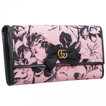 Gucci Black Flowery Print Pink Canvas Long Wallet  Flap Design Gold GG Buckle Party Gift