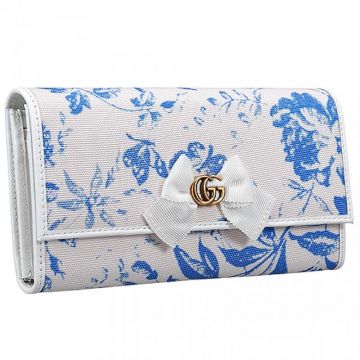 Replica Gucci  Print Blue Flower White Canvas Flap Cardholder Sale Online Vogue Women 