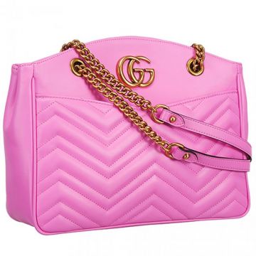 Quality Gucci GG Marmont Matelasse Chain Arm-Carry Straps Open Flat Front Pocket Ladies Pink Tote Bag 