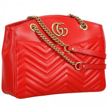 Gucci GG Marmont Matelasse Logo Buckle Brass Hardware Red Leather Tote Bag With Button Closure
