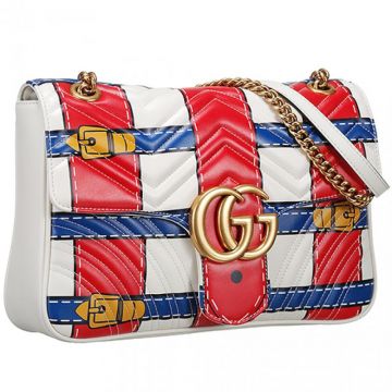 Gucci Fashion GG Marmont Trompe L'Oeil Red & Blue Interlaced Pattern Ladies White Shoulder Bag Medium