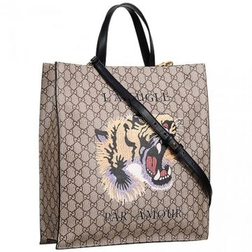 Women's Gucci GG Supreme Fashion Tiger Print L'AVEUGLE PAR AMOUR Detail Black Leather & Canvas Tote Bag 