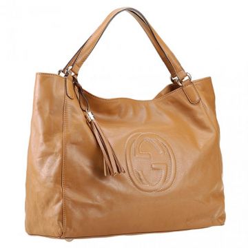 Cheapest Gucci Soho Womens Large Tassel Charm Double Flat Handles Tan Calfskin Leather Tote Bag