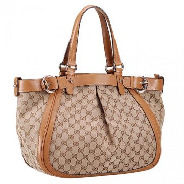 Gucci Belted Polished Brass Buckle Wide Curved Base Tan Leather & Beige Canvas Ladies Large Handbag