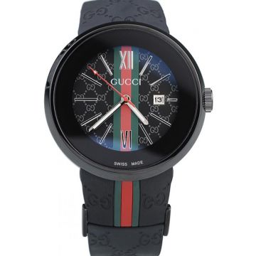 GUCCI GG Logo Green And Red Web Black Dial Rubber Strap Luminous Scales Hands Quartz Watch