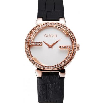 Delicate Women's Gucci Diamonds Rose Gold Bezel White Pure Dial Black Genuine Leather Strap Watch US