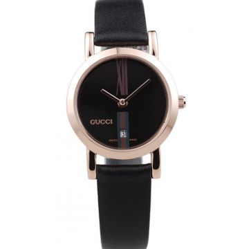 Simple Style Gucci Interlocking Round Bezel Roman Scale Black Pattern Dial Genuine Leather Strap Wristwatch