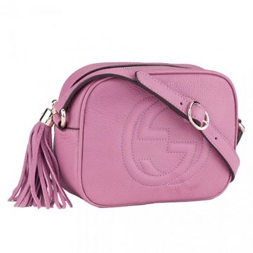 Gucci Soho Disco Pink Leather Curved Edge Double G Detail Ladies Tassel Bag For Summer