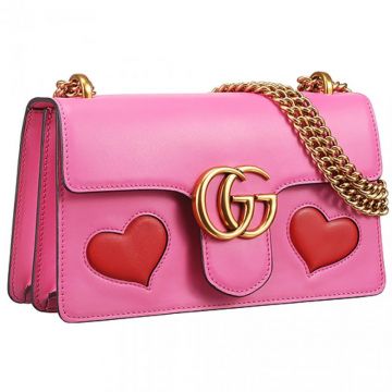 Sweet Style Gucci GG Marmont Medium Heart Design Brass Hardware Pink Leather Chain Bag