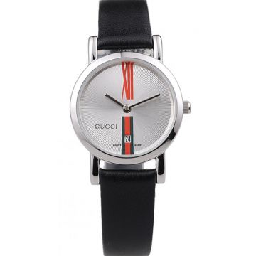 Top Quality Gucci Interlocking Simple White Sunbeam Face Silver Case Black Soft Leather Strap Timepiece