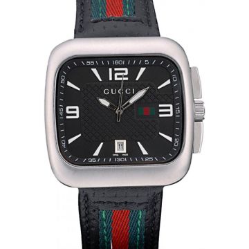 2022 Gucci Date Arabic Scales Pattern Black Dial Stainless Steel Case Bezel Monogram Leather Strap Good Present