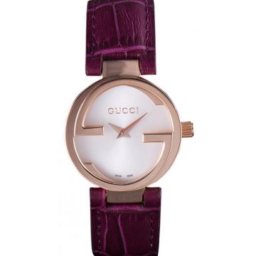 Stylish Gucci Interlocking Women's Rose Gold Bezel Mother-of-pearl Dial Purple Leather Strap Online Price