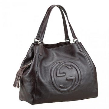 Gucci Soho Double Flat Handles Hook Clasp Closure Ladies Medium Dark Brown Leather Shoulder Bag