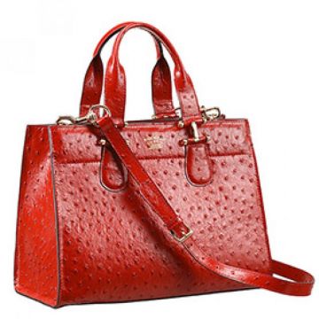Gucci Female Red High End Ostrich Embossed Leather Polished Zipper Tote Bag With Two Compartments 