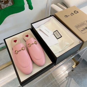 Hot Selling Princetown Pink Leather Red Heart Detail Yellow Gold Plated Horsebit - Replica Gucci Mules For Sale
