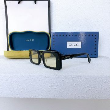  Gucci Black Wide Frame Light Yellow Transparent Lens GUCCI Lettering Black Temples Neutral Sunglasses Best Selling
