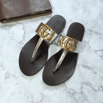 Faux Gucci Yellow Gold GG Detail Metallic Silver Leather Black Wearable Sole Female Flat Slip-on Thong Sandals Price List