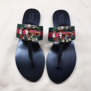 Summer Fashion Luxury Crystals GG Logo Decoration Red Green Web Canvas Black Leather Flip Flops -  Gucci Female Thong Sandals