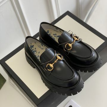 Faux Gucci Rubber Lug Sole Brass Horsebit Detail Back Gold Embroidered Bee Female Black Leather Loafers For Sale 577236 DS800 1000