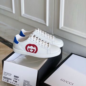 2022 Gucci Ace Men White Leather Loe Top Hibiscus Red Interlocking G Patch Blue Heel Detail Sneakers 625783 1XG70 9102