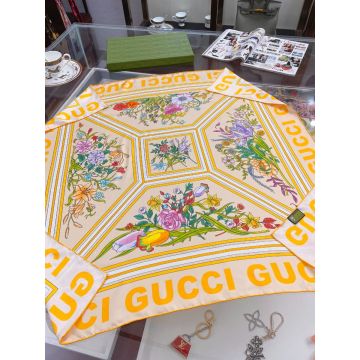  Gucci Flower Printing Brand Letter Detail Hot Selling Silk Scarf Square Kerchief For Ladies Yellow