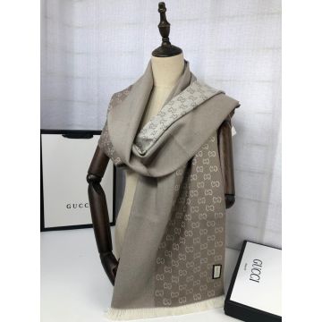 Top Sale White GG Jacquard Tassel Fringe Trim Wool Silk Blend Scarf - Faux Gucci Female Long Kerchief Grey / Blue