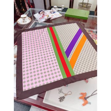  Gucci Beige Ebony GG Supreme Motif Colorful Geometric Pattern Women's Stripe Pink Silk Scarf Square Shawl