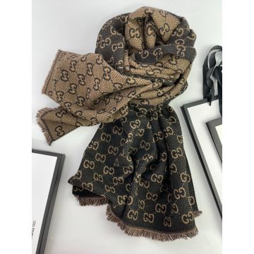 Top Sale Tan & Beige Bicolor Braided GG Logo Pattern Wool Kerchief - Replica Gucci Women's Tassel Design Long Shawl