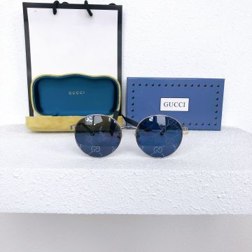  Gucci Silver Metal Frame & Temples Interlocking G Pattern Blue Lens Popular Round Sunglasses For Men/Women