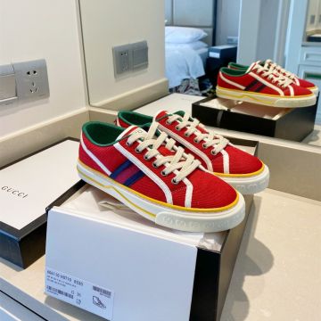 Cheapest Gucci Tennis 1977 Red/Blue Detail Women Lace-up Low Top Red Fabric Leisure Trainers Replica