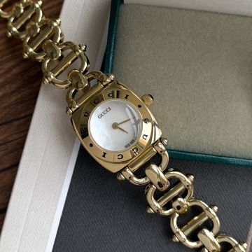 Spring Popular Vintage White MOP Dial Square Bezel Horsbit Style Bracelet - Knock Off Gucci Yellow Gold Female Quartz Watch 