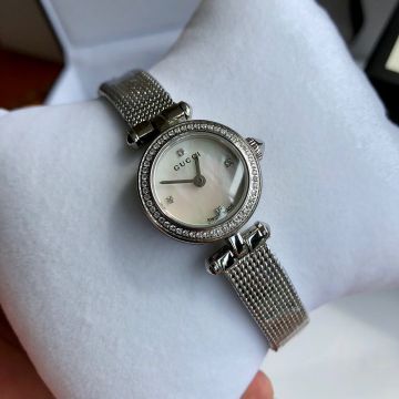Luxury Diamantissma Four Diamonds Scales White MOP Dial Mesh Bracelet- Faux Gucci Female Swiss Made Watch Silver / Rose Gold