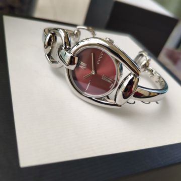 Sweet Style Stainless Steel Wine Red Face Roman Scales 28mm Vintage - Faux Gucci Horsebit Bangle Strap Women's Watch