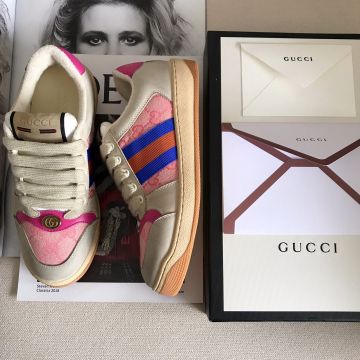 Sweet GG Logo Detail Pink Canvas Motif Blue-Red Web Lace Up Screener -  Gucci White Leather Female Trainers