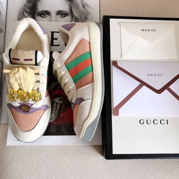 High End Purple Leather Detail Red-Green Web Motif Screener Lace Up Sneakers - Imitation Gucci Women's Pink Canvas & White Leather Trainers